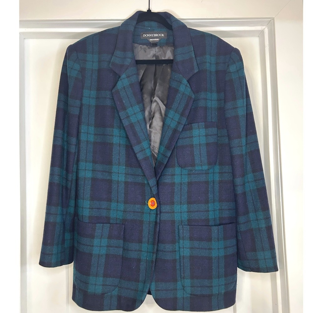 Donnybrook Vintage Plaid Blazer Navy Green Black‎ Watch Tartan Jacket Size 10